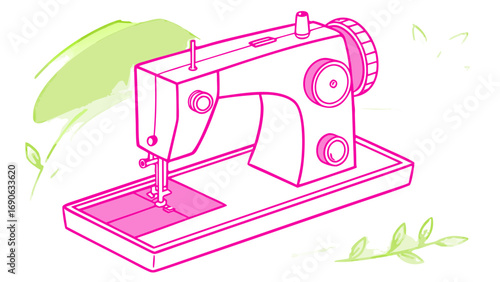 Illustration of a pink and white sewing machine with green floral accents on a white background