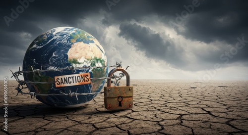 Global sanctions impacting earth, barbed wire, padlock, and cracked land under stormy sky