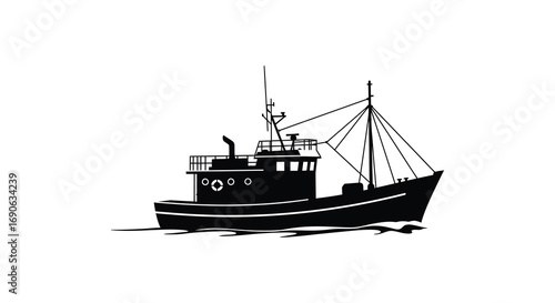 a black silhouette of a fishing boat on calm waters