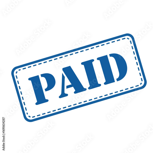 Stamp of approval Paid in blue ink on white background signifies successful transaction or payment completion