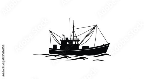 a black silhouette of a fishing boat on wavy sea