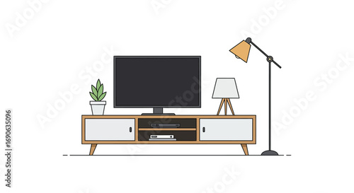 a cozy living room setup with tv stand lamps and plant