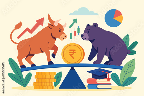 Bull and bear on a seesaw with Rupee coin, arrows, and charts, depicting market trends and investment dynamics
