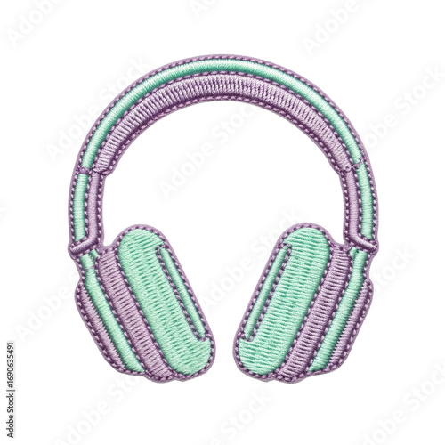 A detailed embroidered patch featuring headphones in mint green and lavender, perfect for apparel, accessories, or digital design projects.