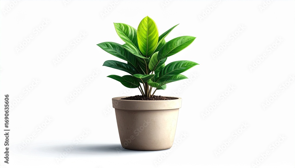 Fototapeta premium Vibrant Green Houseplant in a Beige Pot, Isolated on White Background