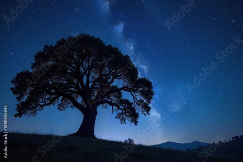 Silhouette of a majestic oak tree against a starlit night sky, branches reaching towards the cosmos Perfect for nature, fantasy, and dark backgrounds , cosmic, night sky