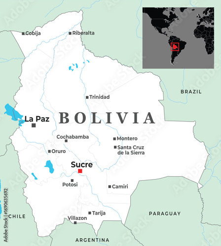 Map of Bolivia with major cities, surrounding countries, and inset showing its location in South America