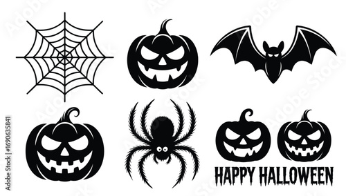 Set of six Halloween silhouettes including jack-o'-lanterns, spider, bat, and web, perfect for spooky festive design and decorations