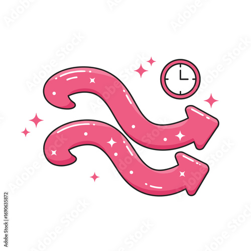 Two pink wavy arrows with clock icon