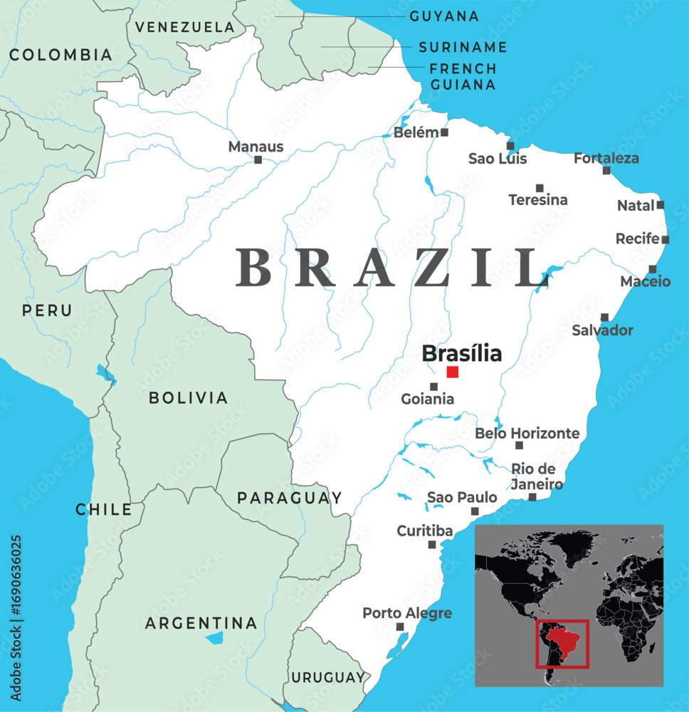 Obraz premium Map of Brazil highlighting major cities, borders with neighboring countries, and inset showing its location in South America