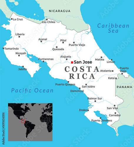 Map of Costa Rica showing major cities, borders with Nicaragua and Panama, and surrounding Caribbean and Pacific coasts