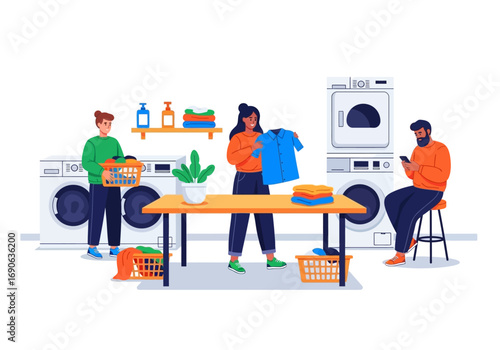 People doing laundry in a busy laundromat. Suitable for commercial or advertising materials related to cleaning, chores, or small business.