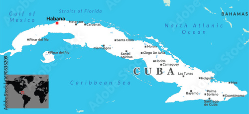 Map of Cuba showing major cities, surrounding seas, and inset highlighting its location in the Caribbean region