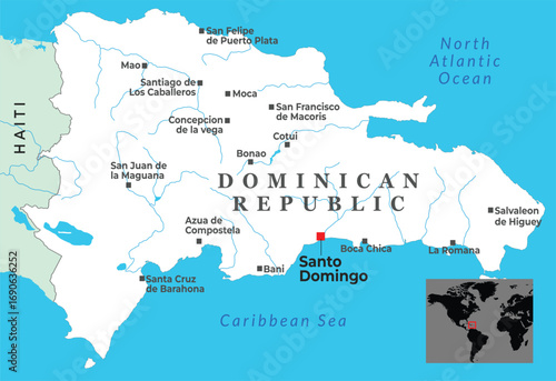 Map of the Dominican Republic showing major cities, surrounding seas, and inset highlighting its location on the island of Hispaniola