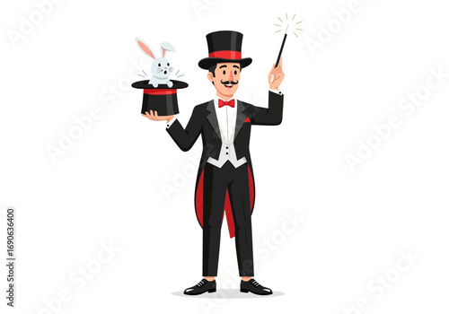 Magician with rabbit in hat and wand. Ideal for magic show promotions, entertainment concepts, and fantasythemed designs.