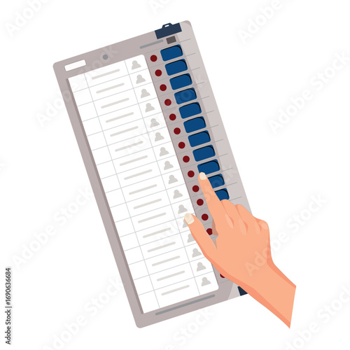 Hand pressing a button on an electronic voting machine with labeled rows and indicator lights
