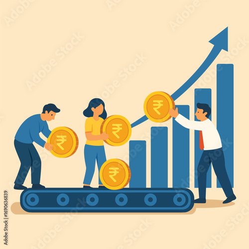Rupee coins on a conveyor belt labeled “SIP Deposits” with rising charts and financial icons in the background