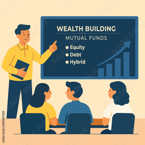 Presenter explains mutual fund types—equity, debt, hybrid—to three seated individuals in a classroom setting with growth chart