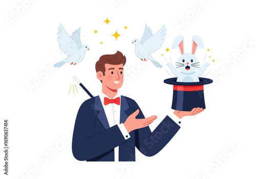 Smiling magician showcases magic tricks with rabbit, doves, top hat. Ideal for entertainment concepts, events promotions, and magicalthemed designs.
