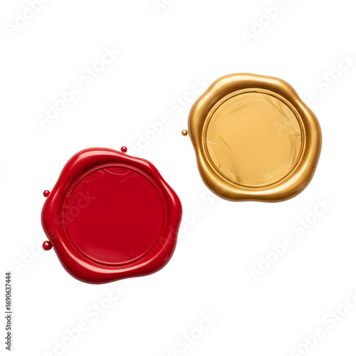 3D red wax seal isolated on white, blank gold wax seal