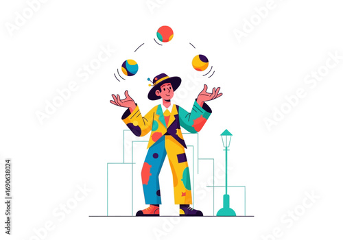 Clown in bright clothes juggles three balls in front of buildings. Suitable for circusthemed designs or entertainment concepts.