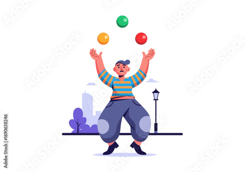 Skillful juggler throws colorful balls high, entertainment, talent, circus performance, fun, coordination demonstration, party invitation, playful event flyer, energetic banner.