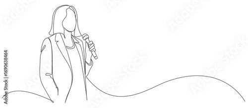 Woman speaking  with a microphone in a continuous line drawing style