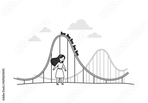 Thrilling rollercoaster ride with a woman looking excited perfect for amusement park advertising and thrillseeking promotions.  