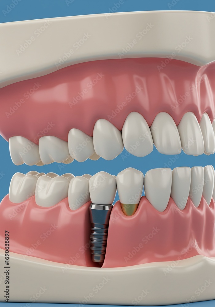 Obraz premium A dental model showcasing teeth with a single implant and a damaged tooth on a blue background