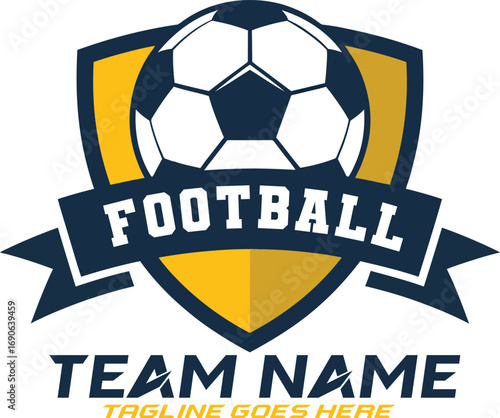 Modern Football Team Logo Template with Shield, Soccer Ball, and Ribbon Banner – Editable Vector Emblem for Sports Branding, Clubs, and Merchandise--Editable text