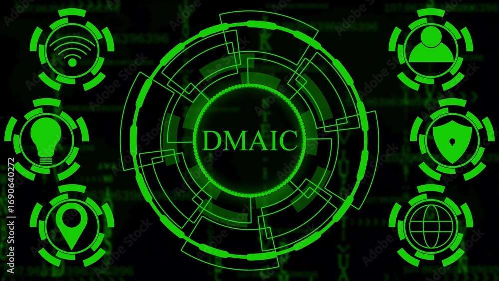 Obraz premium Green digital HUD interface with DMAIC text and icons on a dark binary code background abstract