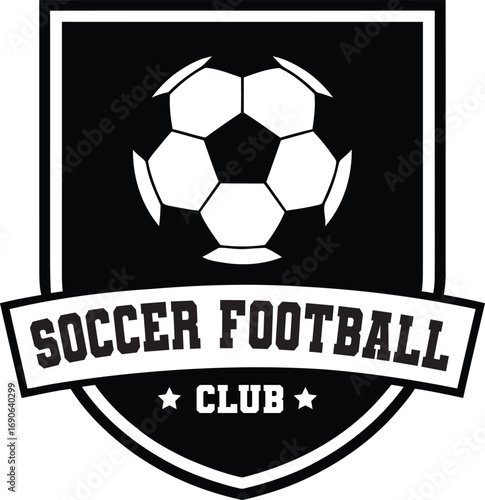 Black and White Soccer Club Logo Template with Shield, Ball, and Stars – Editable Vector Emblem for Sports Branding, Team Identity, and Merchandise--Editable Text