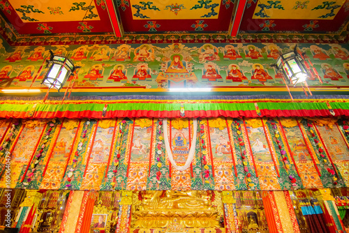 Colourful interior decoration of Buddhist monastery in Ralong, Ralong Monastery, Sikkim, India. Image shot with permission.