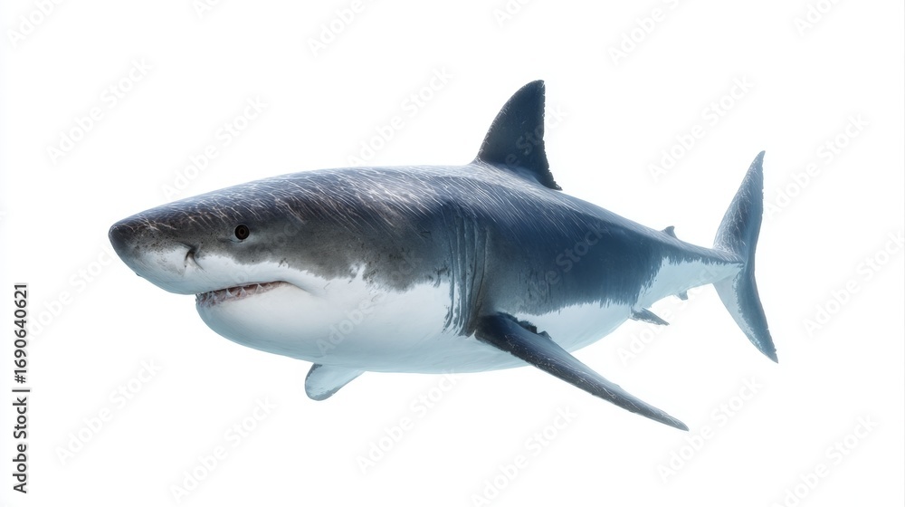 Naklejka premium A stunning grey shark swims gracefully in clear ocean waters. This vibrant image captures the majesty of marine life. Perfect for educational or wildlife projects. AI.