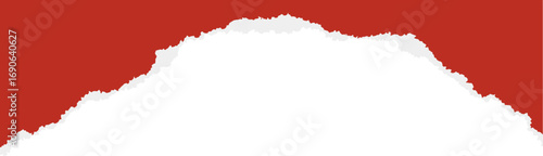 Red paper with frayed torn sides. Piece of sheet for collage art and scrapbook design. Retro-style layout with rough cutouts. Realistic patch detail.