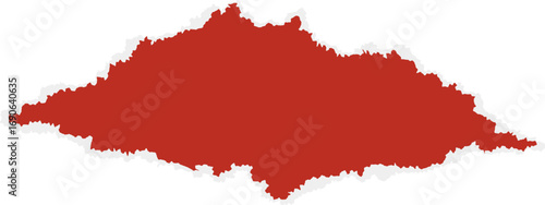 Torn red sheet of paper with rugged edges. Paper fragment for frame, collage, or scrapbook use. Old-style template with textured elements. Realistic paper scrap detail.