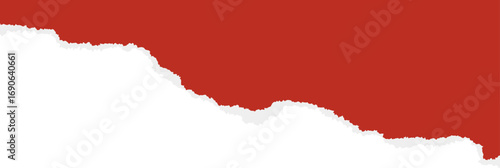 Ripped red sheet with torn edges. Fragment for collage layouts and scrapbooking design. Old-fashioned template with textured elements. Realistic paper patch graphic.