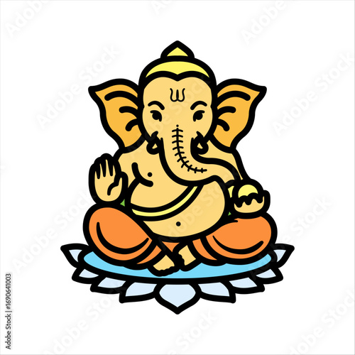 Colorful Vector Line Art Illustration of Lord Ganesha Sitting on Lotus