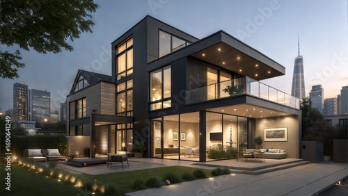Ultra-Modern City Townhouse Smart Home and Night Skyline