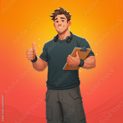 A fitness trainer avatar with a whistle around his neck and a clipboard, flexing with a motivational thumbs up generative AI