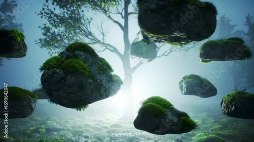 Floating Moss Stones Orbiting Glowing Tree