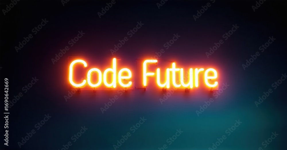 Fototapeta premium Bright neon sign displays Code Future. Dark background creates dramatic lighting effect. Simple message, modern aesthetic.