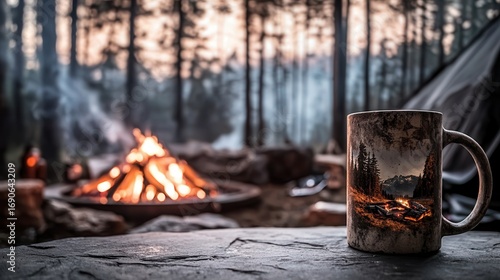 A cozy campsite scene featuring a warm campfire, surrounded by trees, with a reflective mug resting on a stone surface.
