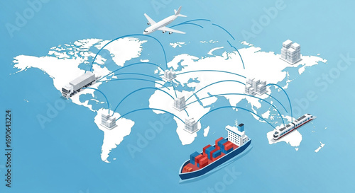Global interconnected logistics network illustrating worldwide supply chain management, freight distribution, and international trade using diverse air, sea, and land transport methods