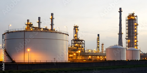 Oil refinery with storage tanks and evening industrial lights