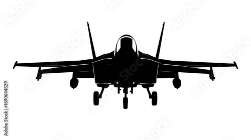 Silhouette of a fighter jet with wings, landing gear, and cockpit, viewed from the front against a white background.