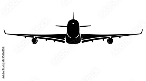 A silhouetted airplane is seen head-on, showing wings, engines, and fuselage against white background.