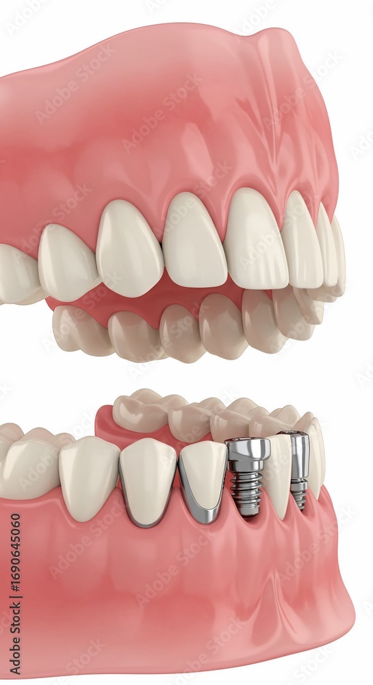 Obraz premium Close up of teeth with dental implants and gums showing the upper and lower jaw structure