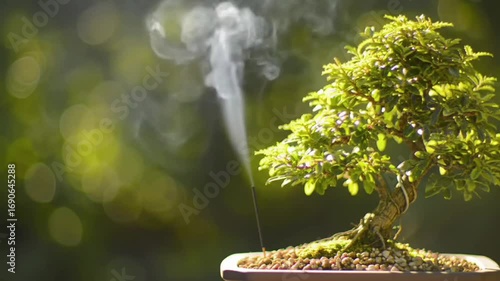 Incense Smoke Curling Beside Bonsai in Morning Light