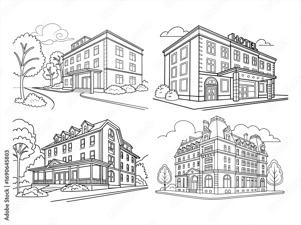 Obraz premium coloring page line art the hotel black vector bundle
